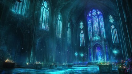 Mystical Cathedral Interior with Blue Stained Glass Windows.