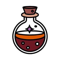 A glass bottle with a cork stopper and a star on top. The bottle is filled with a dark liquid