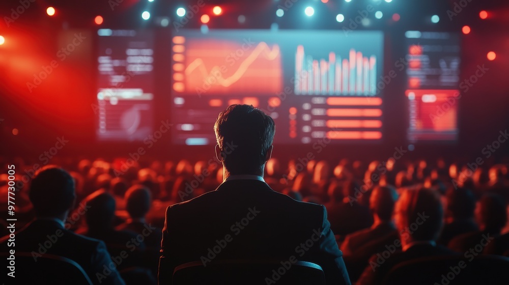 Poster audience watching a presentation on data analytics with colorful graphs and lighting at a conference