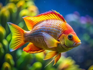 Vibrant yellow and orange scales glisten on a mid-sized fish with distinctive vertical stripes, fins, and rounded tail,