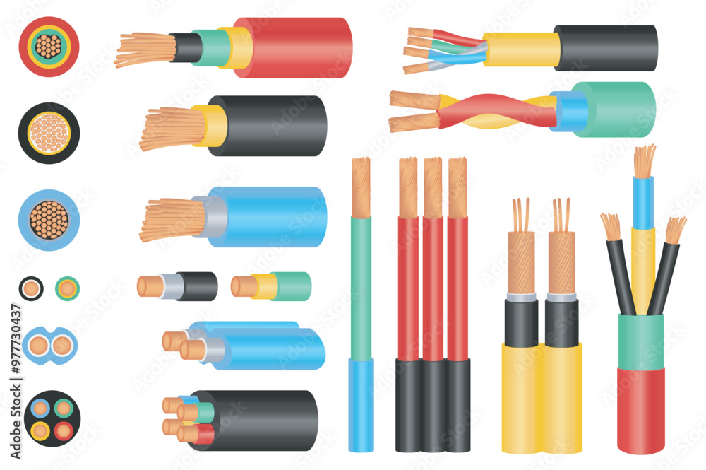 Poster copper cable wires set elements in flat graphic design. bundle objects of different types and colors