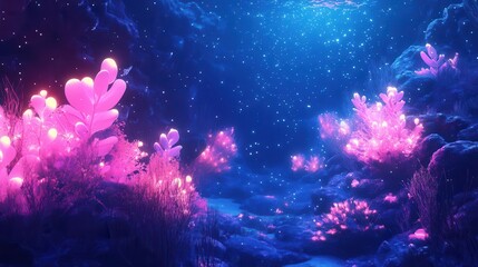 Fototapeta premium bioluminescent coral reef in a pink underwater world ethereal sea creatures and glowing plant life creating a dreamlike aquatic landscape