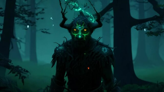 In foggy forest, a haunting goblin with intricate glowing markings stands silently, exuding an eerie presence among the trees during twilight.