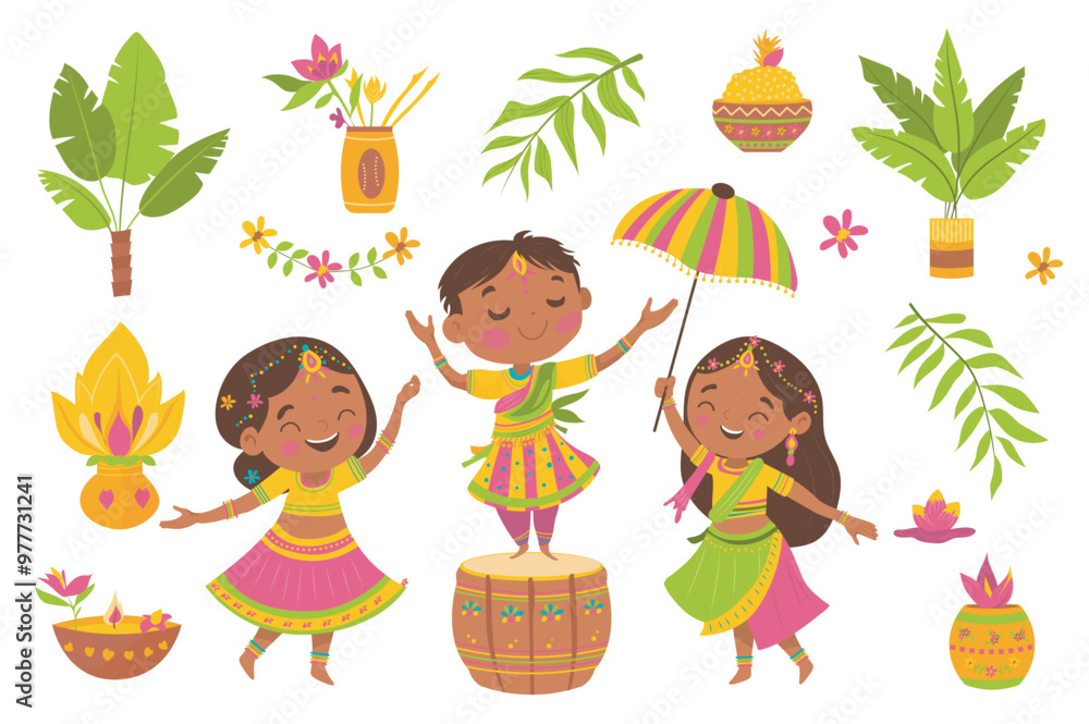 Poster onam set elements in flat graphic design. bundle objects of happy boy and girls in traditional india