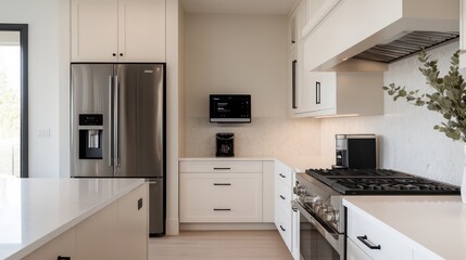Fototapeta premium A modern kitchen with a stainless steel refrigerator, microwave, and oven. The counter is white and the cabinets are white
