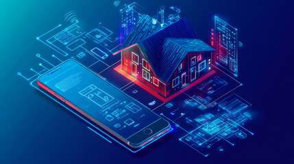 Connected home with IoT isometric concept. IOT technology in residential automation design. Mobile device for wireless management of home appliances through the internet. Securing home infrastructure.