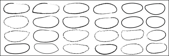 Set of hand drawn doodle grunge circle highlights. Round scrawl frames ellipses. Collection of different brush drawn marker elements.