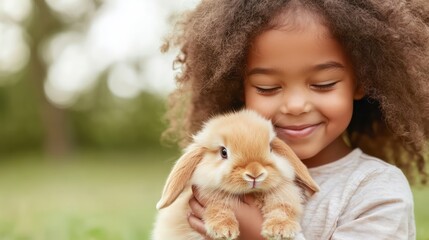 A young girl is holding a rabbit in her arms. She is smiling and she is happy