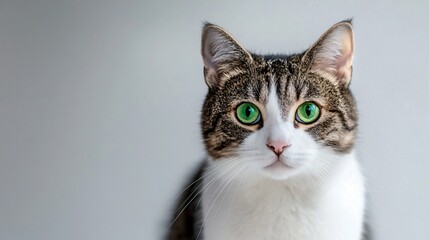 Obraz premium A close-up of a Cyprus cat with striking green eyes, sitting gracefully on a light solid color background