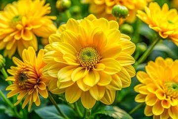 Fototapeta premium Vibrant yellow petals unfold from delicate centers amidst lush green foliage, bursting with sunshine-inspired beauty in