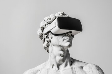 A modern statue wearing virtual reality goggles, blending classical art with futuristic technology, showcasing innovation and creativity.