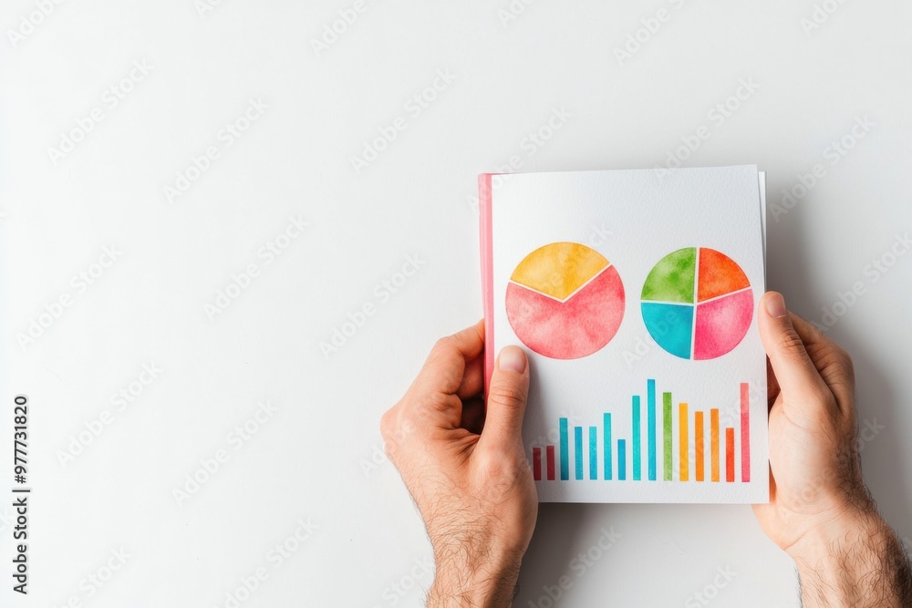 Poster a person holds an open notebook displaying colorful charts and graphs, ideal for business and data a