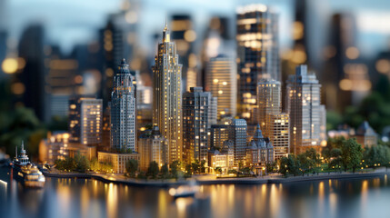 Obraz premium A detailed miniature model of a bustling, illuminated cityscape, showcasing skyscrapers, waterfront, and surrounding greenery, capturing the essence of an urban environment at dusk.