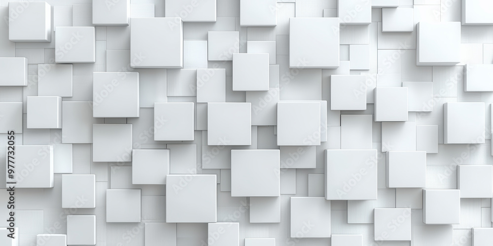 Poster modern white square tiles create a three-dimensional geometric wall, exemplifying contemporary inter