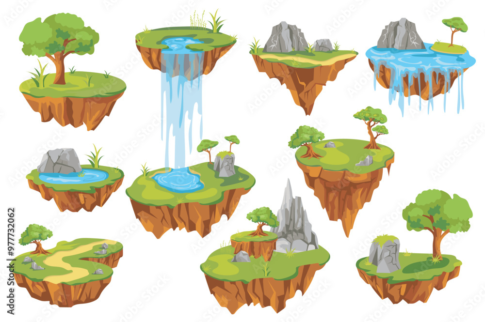 Poster flying ground islands set elements in flat graphic design. bundle objects of game assets, level plat