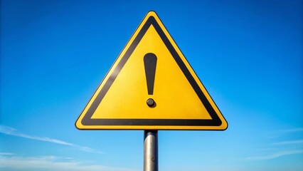 Vibrant yellow warning sign featuring a prominent black outlined triangle with an exclamation mark, mounted on a pole