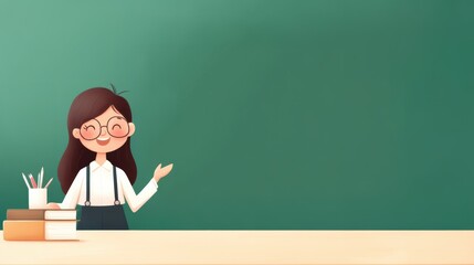 Cheerful cartoon teacher standing by a chalkboard, ready to engage students with books and stationery on the table.
