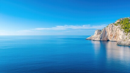 Fototapeta premium A serene coastal scene featuring calm blue water, clear skies, and a rugged cliff, perfect for relaxation and nature inspiration.