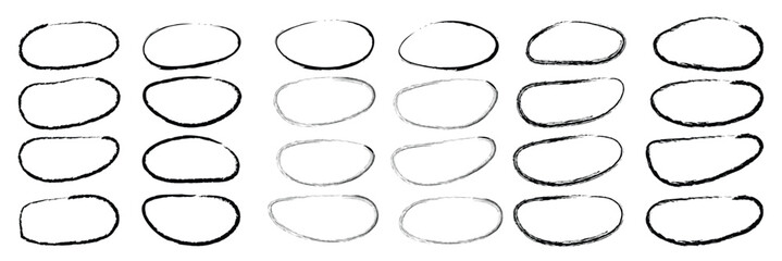 Set of hand drawn doodle grunge circle highlights. Round scrawl frames ellipses. Collection of different brush drawn marker elements.