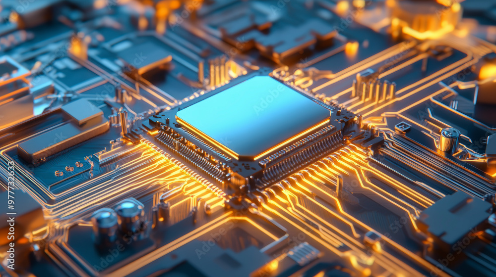 Aufkleber a close-up of a glowing microchip integrated into an intricate circuit board, showcasing modern elec