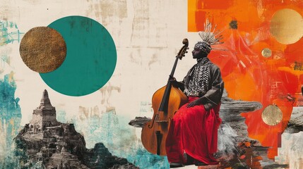 Obraz premium Abstract Collage Featuring a Person Playing a Double Bass and Architectural Elements