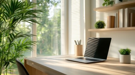 Fototapeta premium A laptop sits on a wooden desk in front of a window with a potted plant. The desk is well-organized with a few books and a pen. Concept of productivity and focus