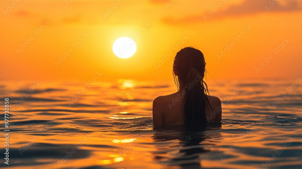 Wall mural silhouette of a woman in the ocean at sunset