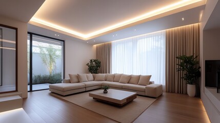 Fototapeta premium A living room with a white couch, a coffee table, and a potted plant. The room has a modern and minimalist design, with a focus on natural light and greenery