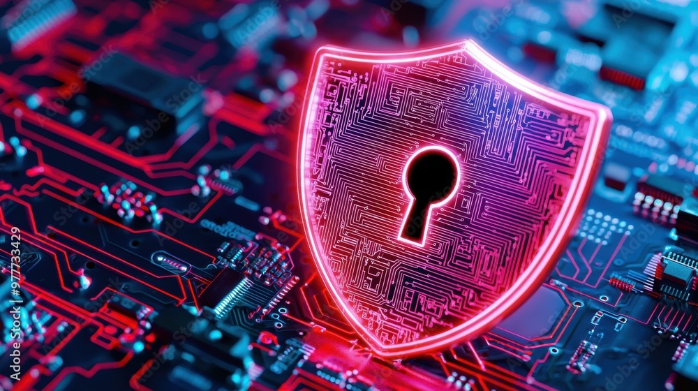 Aufkleber a vibrant digital shield symbolizing cybersecurity, featuring a lock on a high-tech circuit board ba