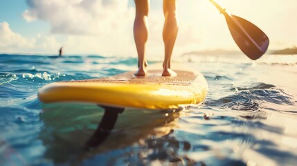 A person paddleboarding on a calm ocean with the sun setting in the background