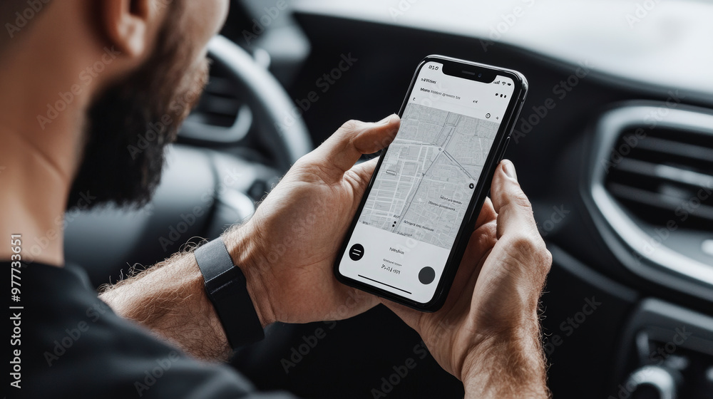 Poster a person holds a smartphone with a navigation app open while sitting inside a car, likely for drivin
