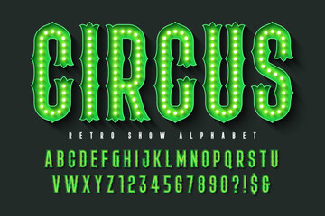 Retro circus alphabet design, cabaret, fairy LED lamps letters and numbers.