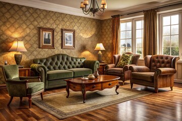 Vintage living room with classic 1940s furniture, featuring a velvet sofa, wooden armchairs, and ornate coffee table,