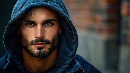 Young man in a hooded jacket against urban backdrop