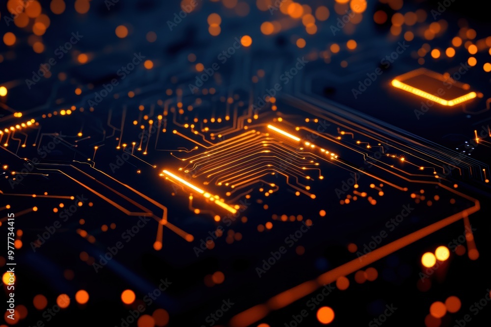 Poster close-up view of a futuristic circuit board with glowing elements, showcasing technology and innovat