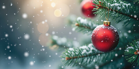 A red Christmas ornament hanging on a snow-dusted pine branch with bokeh lights and soft snowfall in the background