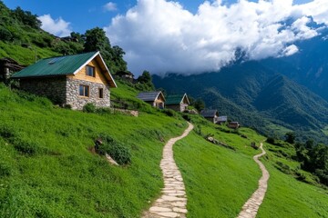 Obraz premium Authentic mountain village life is seen in a photo of stone cottages nestled in untouched hills