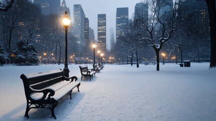 A snowy park with a bench and street lights. The park is empty and quiet. The snow is covering the ground and the benches. The street lights are lit up, creating a warm and cozy atmosphere