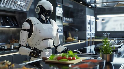 Fototapeta premium Robot Chef: A robot chef expertly preparing a gourmet meal in a high-tech kitchen. 