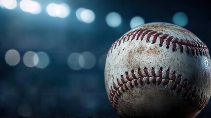 closeup of weathered white baseball with red stitching under dramatic stadium lights capturing intensity of night game atmosphere on field