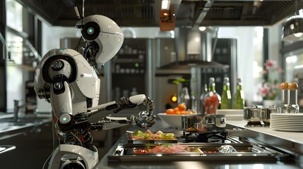 Fototapeta premium Robot Chef: A robot chef expertly preparing a gourmet meal in a high-tech kitchen. 