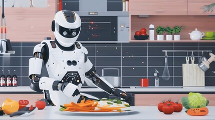 Robot Chef: A robot chef expertly preparing a gourmet meal in a high-tech kitchen. 
