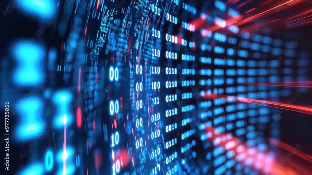 Poster abstract digital data streams with blue and red light effects, representing technology and informati