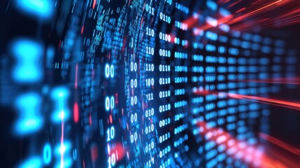 Obraz premium Abstract digital data streams with blue and red light effects, representing technology and information flow.
