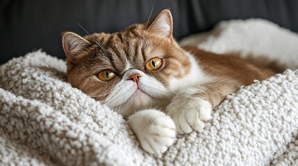 Obraz premium An Exotic Shorthair cat lounging on a soft blanket, its round face and chubby cheeks emphasized, creating a sense of calm and comfort