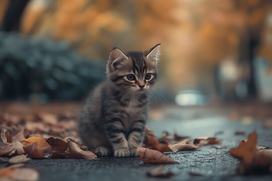 Cute tabby kitten sitting in autumn leaves. Adorable pet, fall season, nature, animal, wildlife photography.
