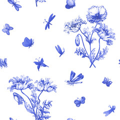 Seamless pattern, wallpaper in Toile de Jouy fabric style with blue poppy flowers and insects. Hand drawn monochrome watercolor painting illustration isolated on white background