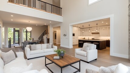 Fototapeta premium A large open living room with a white couch, a coffee table, and a potted plant. The room has a modern and spacious feel, with a large kitchen area visible through an open doorway