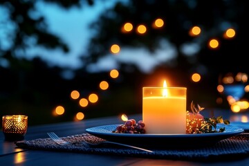 Bokeh background of a candlelit dinner table, with the flames softly blurred in the distance