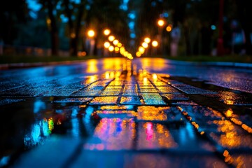Bokeh background of blurred streetlights on a rainy night, casting colorful reflections on wet pavement